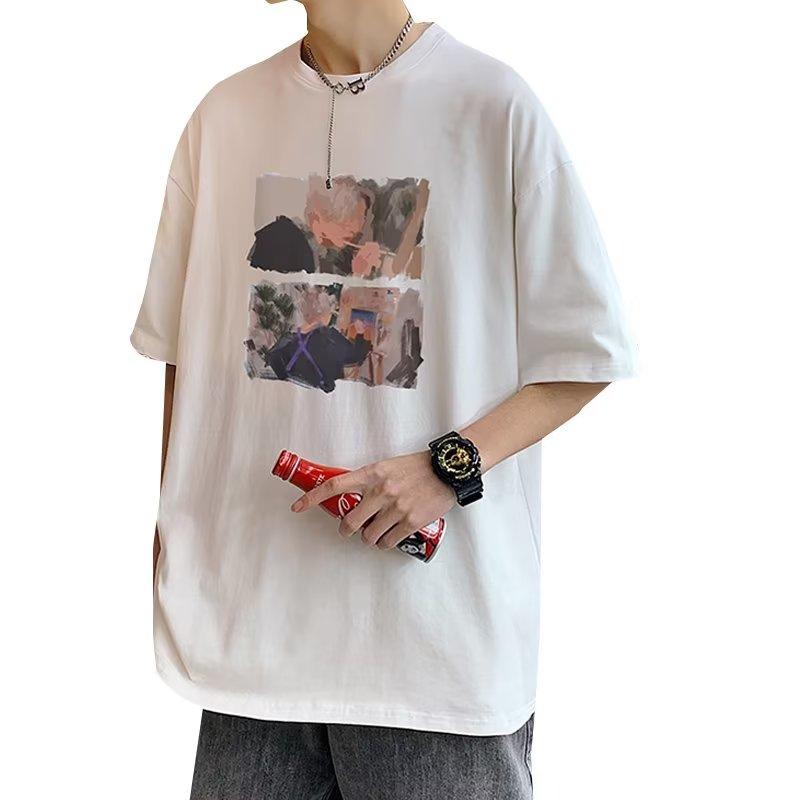 

Мужская хлопковая футболка с коротким рукавом, летняя корейская винтажная футболка, свободная мужская и женская футболка с половиной рукава, японская футболка с модным узором и принтом