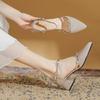 Summer bag head sandals thick heel new one-word buckle high heels middle heel pointed head with skirt cheongsam single shoes