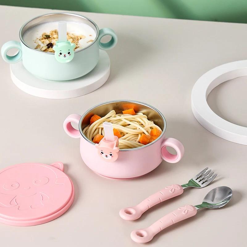 Baby Bowl Stainless Steel Tableware Set Baby Feeding Bowl with Suction Cup Spoon Fork Straw Set Toddler Training Feeding Bowls