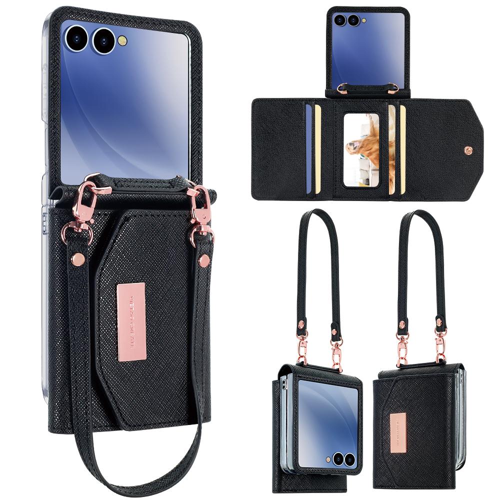For Samsung Galaxy Z Flip7 5G Wallet Case PU+PC Shockproof Phone Cover with Wrist Strap