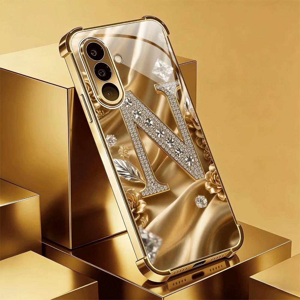 Letter N pattern glass phone case suitable for Samsung Galaxy S26 S25 S24 S23 S22 S20 FE/Ultra/Plus four corner anti drop case
