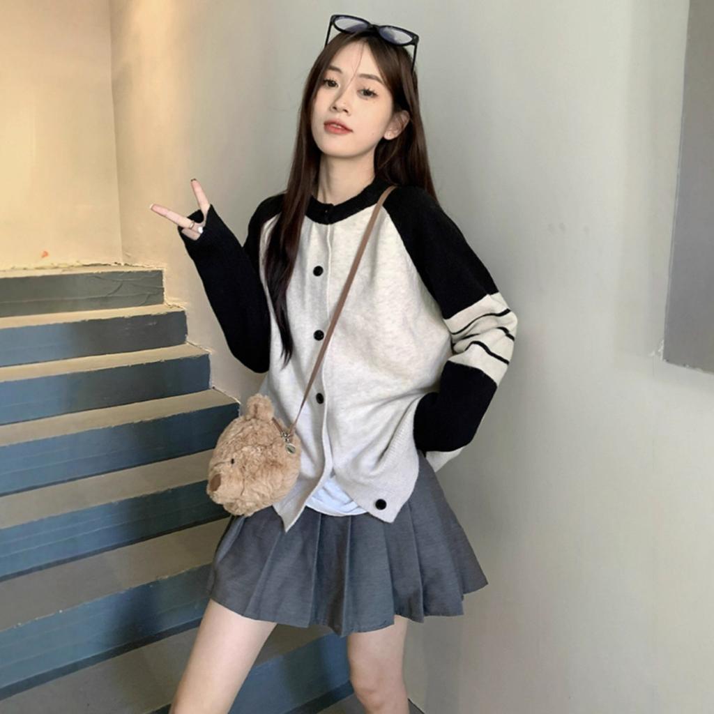 College style long-sleeved contrasting color splicing knitted sweater women's clothing autumn loose age-reducing cardigan versatile jacket