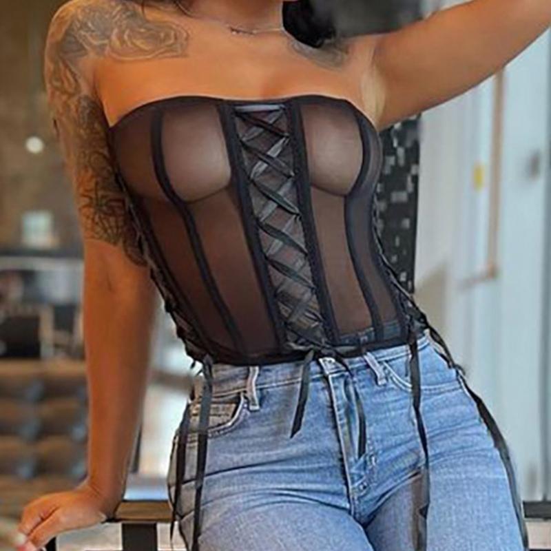 Vest Tops For Women Sexy See Through Bustier Corset Strapless Crop Tops Boned Corset Sexy Tube Top Perspective Style