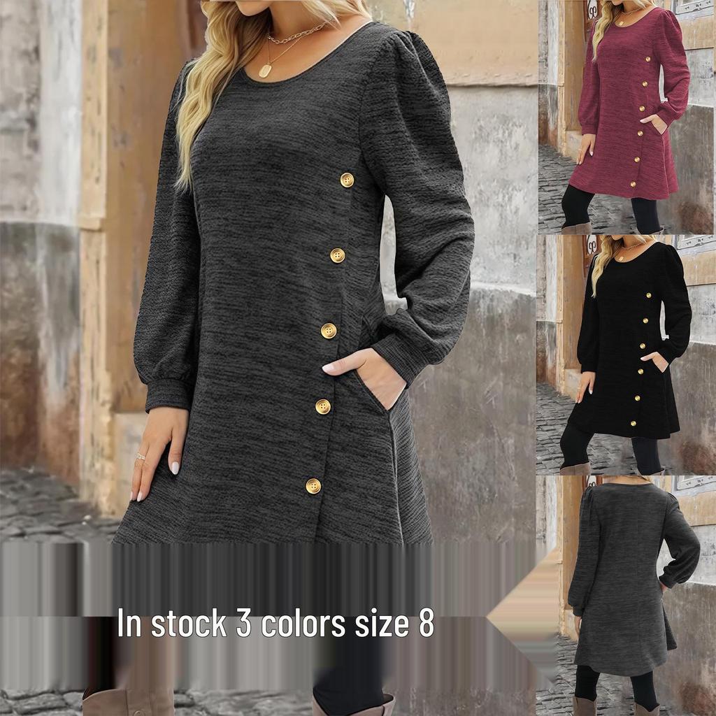 2025 Women's Solid Color Crew Neck Long Sleeve Dress with Pockets and Buttons