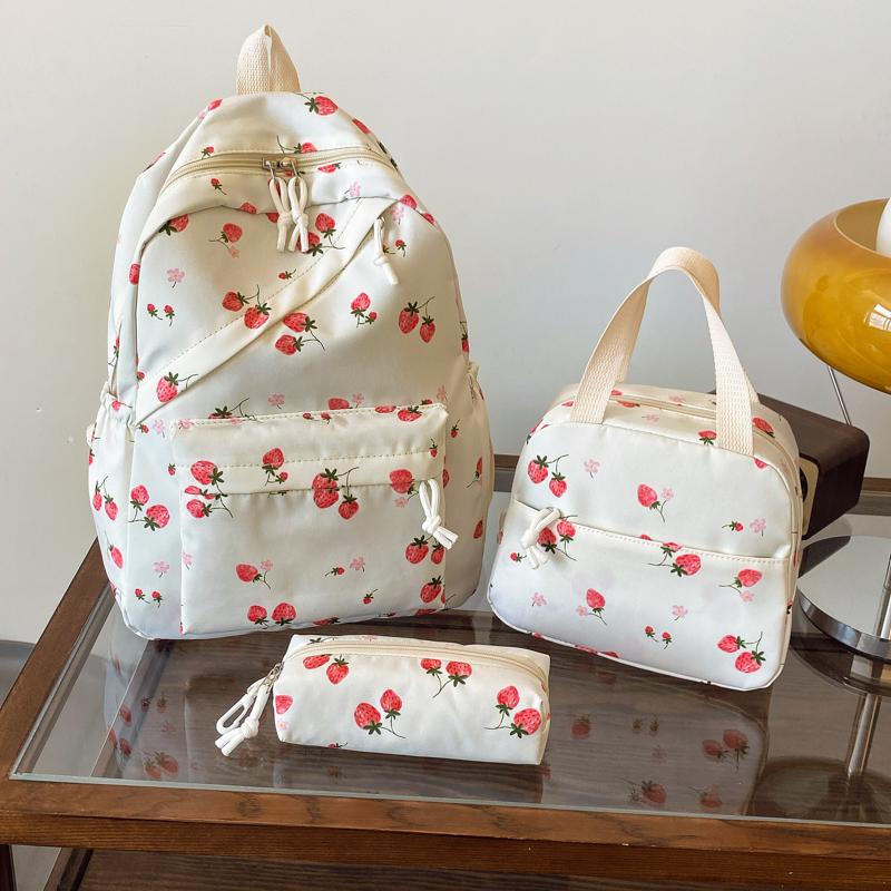 Fashionable Cute Strawberry Backpack Set 3Pcs Handbag&Pen Pouch Quilted Nylon Women's Dual Zipper Campus Commute Essentials