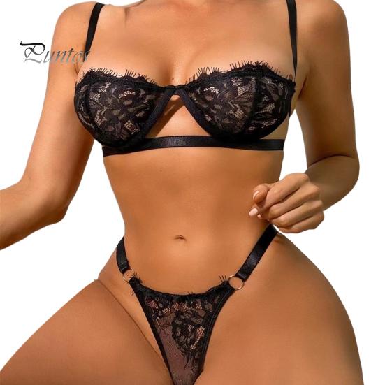 2 Pcs/Set Bra Panties Set See-through Lace Floral Embroidery Solid Color Adjustable Strap Thin High Waist G-string Wedding Night Honeymoon Underwear