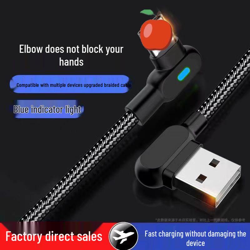 Dual Elbow Nylon Braided Fast Charging Cable for Apple, Android, Type-C with LED Light