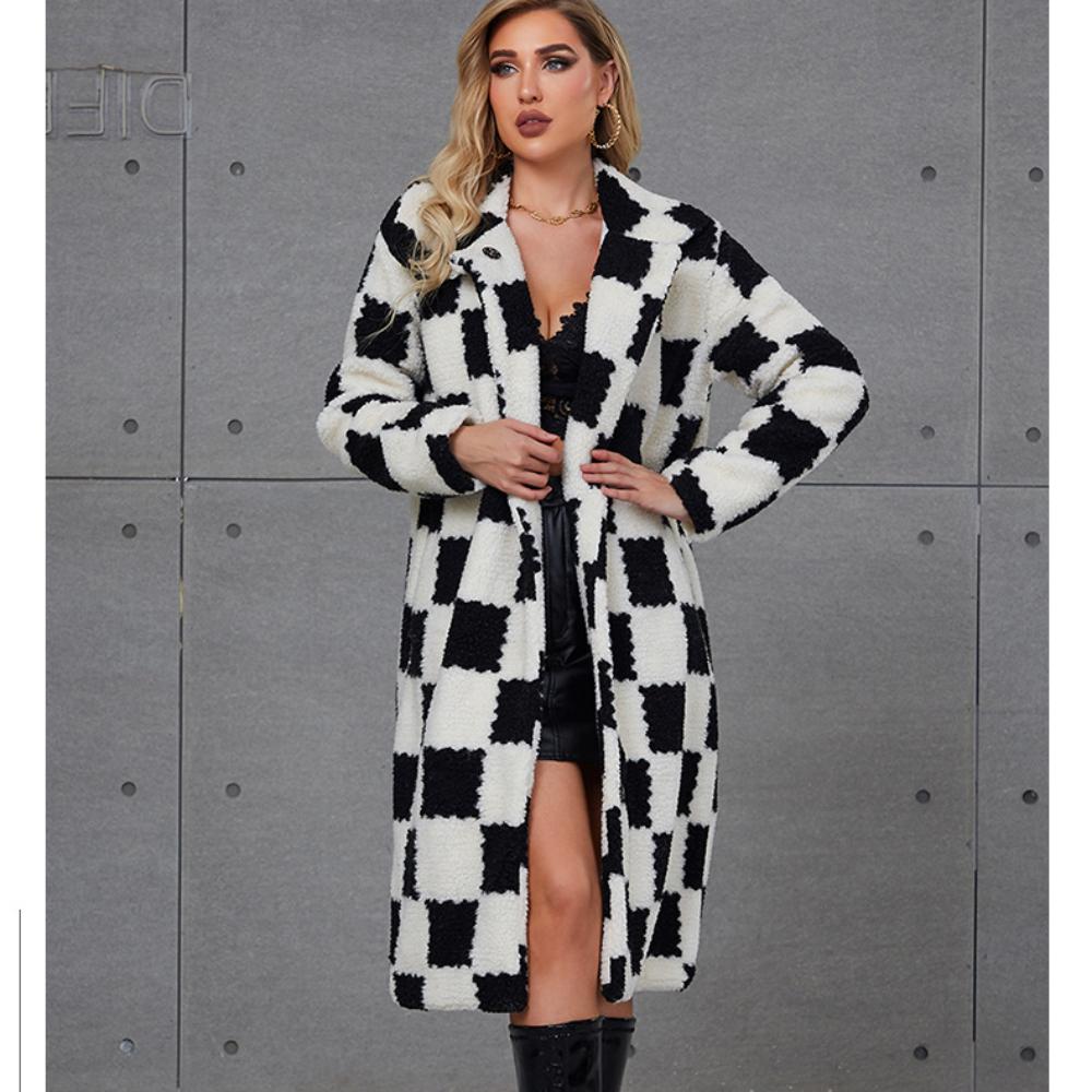 2025 New Faux Fur Coat Women's Mid To Long Black and White Checkered Women's Coat