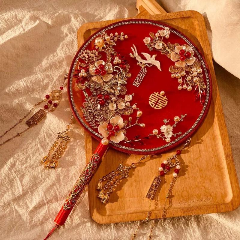 Handmade Bridal Xiuhe Wedding Fan - Red Champagne Gift
