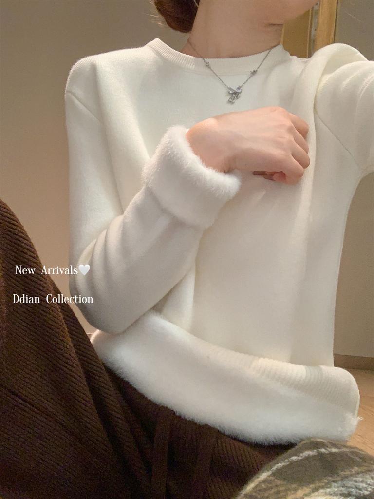 One-piece Fleece Thickened Warm Knitted Sweater Soft Waxy Sweater Women's Autumn and Winter Bottoming Shirt Front Shoulder Inner Top Long Sleeve