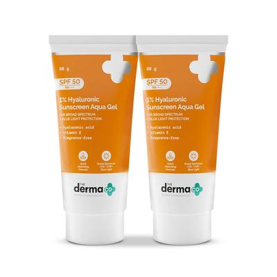 The Derma Co 1% Hyaluronic Sunscreen Aqua Gel SPF 50 PA++++ | Ultra Lightweight, Non-Greasy, Broad Spectrum & Blue Light Protection | 80 G X 2