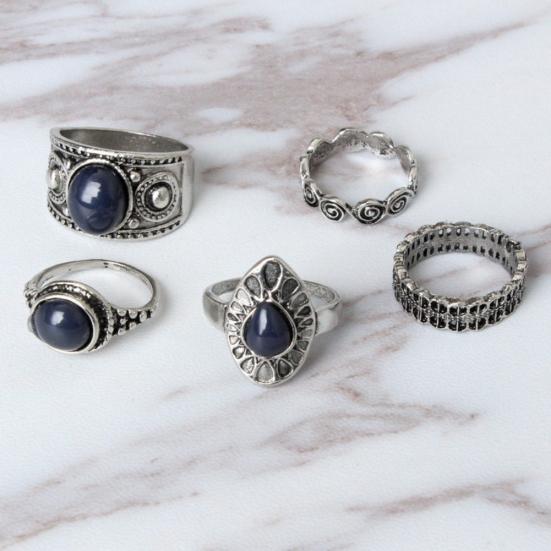 5Pcs/Set Bohemian Vintage Blue Stone Alloy Finger Ring Women Charming Jewelry