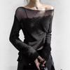 Women's Black Mesh Splice Long-Sleeve Fashionable T-Shirt - Trendy Spring Style