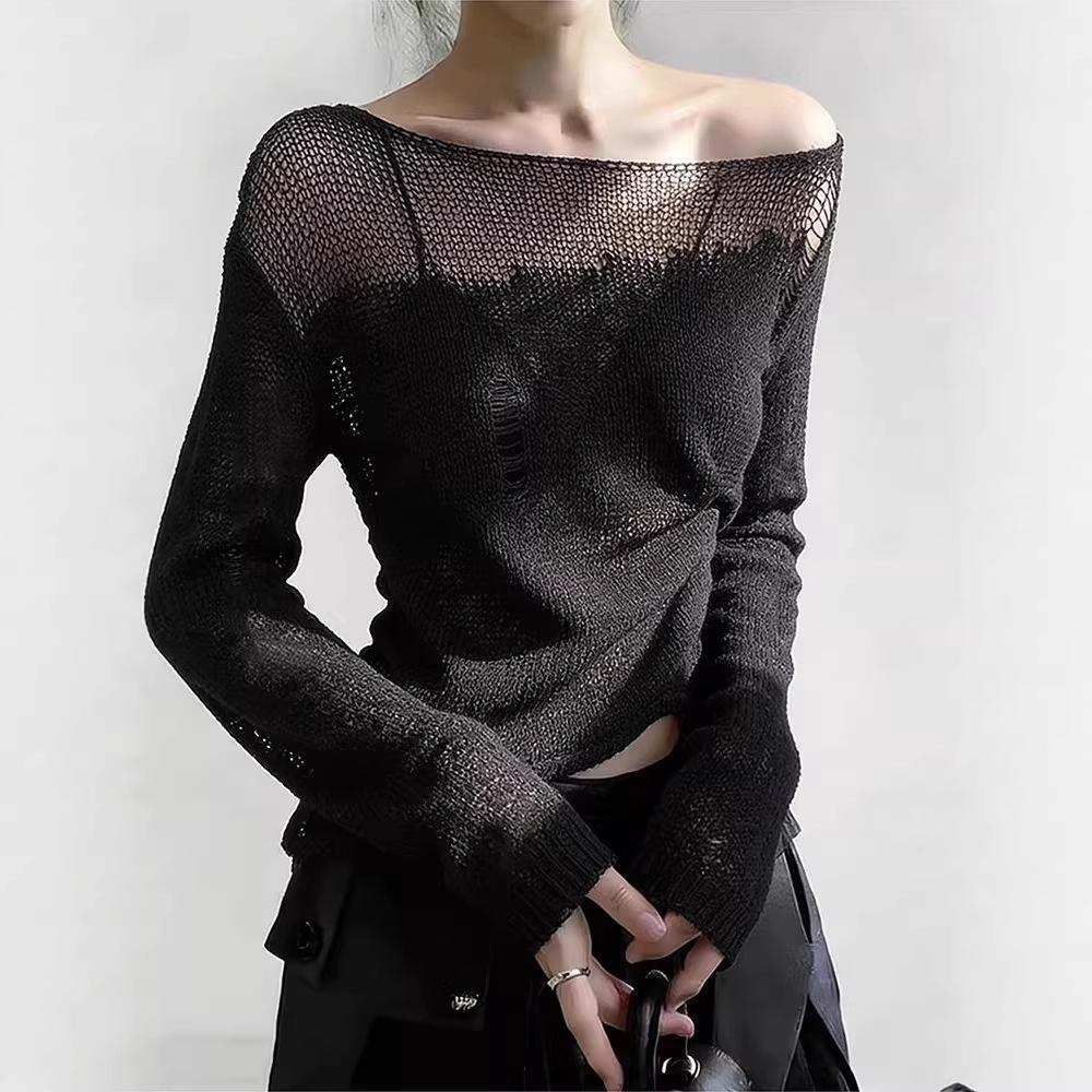 Women's Black Mesh Splice Long-Sleeve Fashionable T-Shirt - Trendy Spring Style