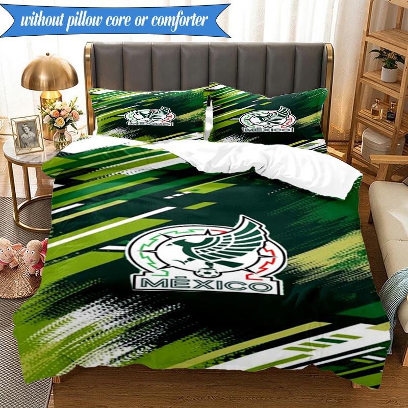 Mexico Football Emblem 3pcs Bedding,Including 1pc Duvet Cover And 2pcs Pillowcases Perfect for Christmas,Ideal for Bedroom, Dormitory