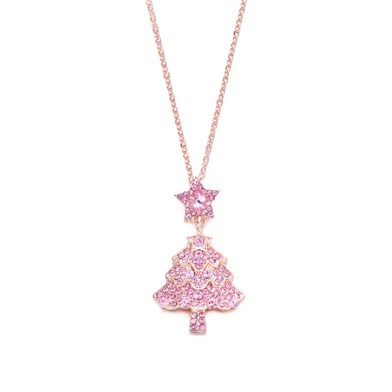 Exquisite Pink Rhinestones Christmas Tree Pendant Necklaces for Women Girl Snowflake Necklaces New Year's Jewelry Gift