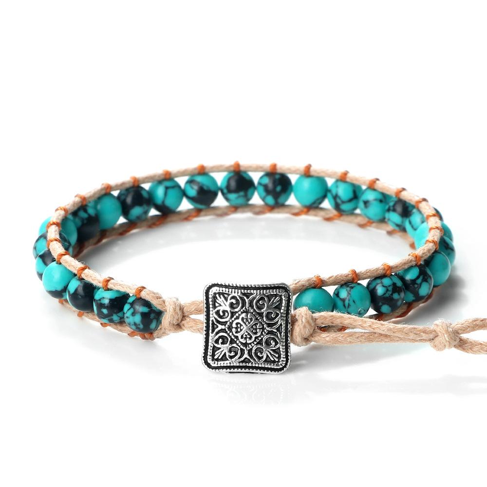 Vintage Bohemian Handmade Hemp Rope Bracelet Imperial Stone Beaded 3D Bead Charm Bangle