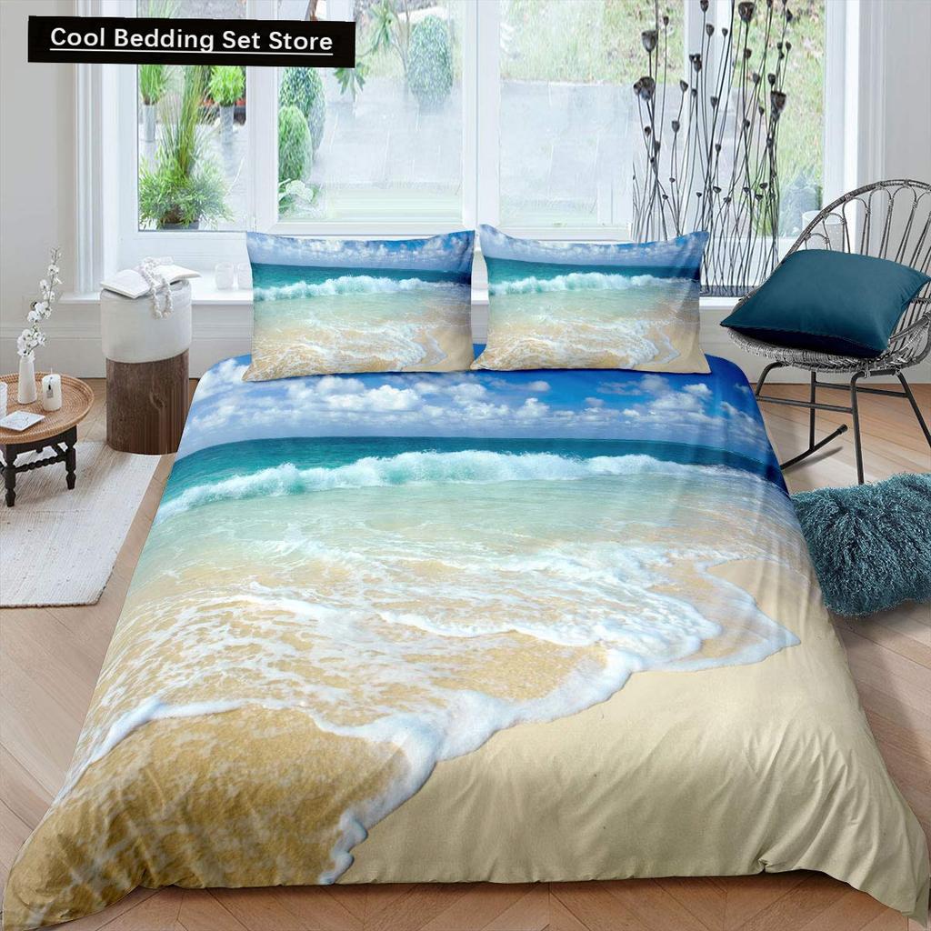 Summer Beach King Queen Duvet Cover Blue Ocean Fish Bedding Set Hawaiian Sea Palm Trees Quilt Cover Marine Life Comforter Cover
