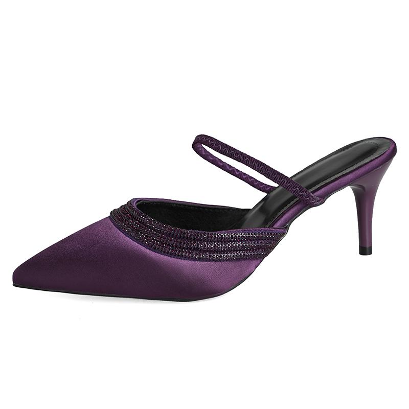 

Модные Роскошные Фиолетовые Атласные Шелковые Мюли на Шпильке Женские Элегантные с Острым Носком Стразы На Каблуке Шлепанцы Женские Вечерние Туфли 42 фиолетовый