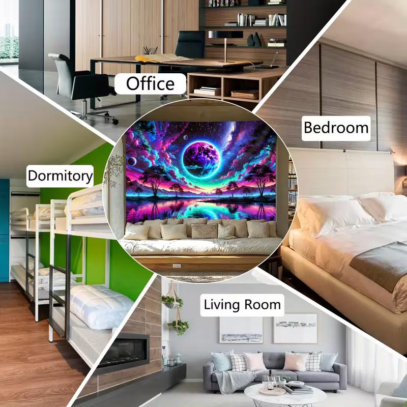 2D Glow in The Dark Moon Lake Tapestry, Blacklight Starry Landscape Wall Hanging for Home Decoration