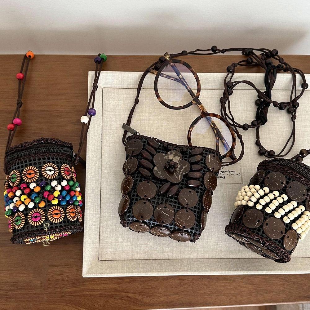Tragbare Stoff-Umhängetasche im ethnischen Stil, Retro-Kokosnussschale, handgeflochtene Tasche, Vintage-Handtasche, Bohemian-Umhängetasche für Damen