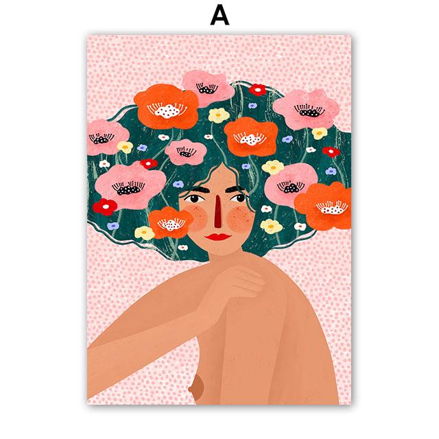 Boho Mode Mädchen Blumenvase Illustration Wandkunst Leinwandmalerei Abstraktes Poster und Drucke Bilder für Wohnzimmerdekor