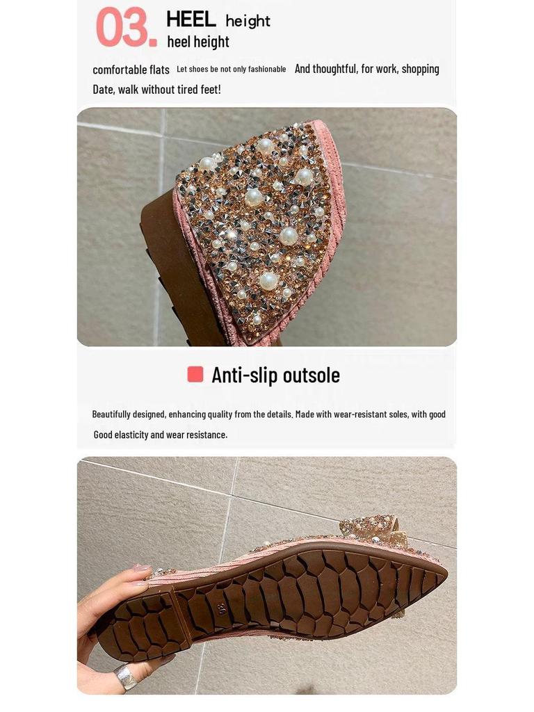 2025 Summer Women's Pointed Toe Bow Mary Jane Flats with Pearls & Rhinestones