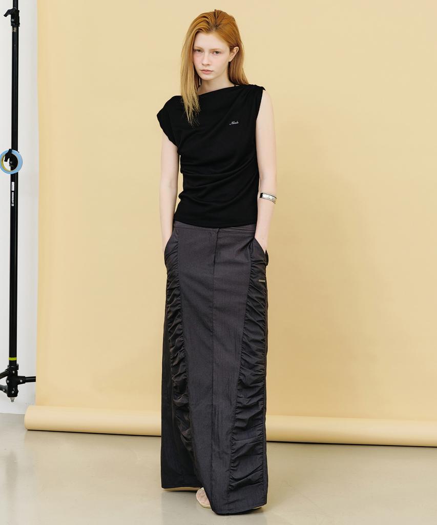 Nigaennikol Shirring Panel Long Skirt_Charcoal