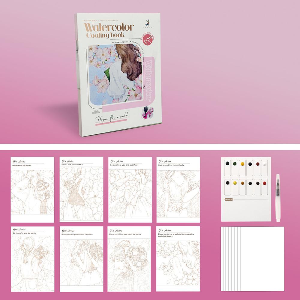 Three fold watercolor coloring book with built-in pigments, adult decompression DIY portable coloring watercolor drawing book