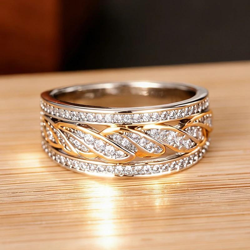 

Huitan Bright Two-tone Rings for Engagement Trendy Graceful Dazzling Finger Accessories Female Gentle Exquisite Wedding Zircon 10