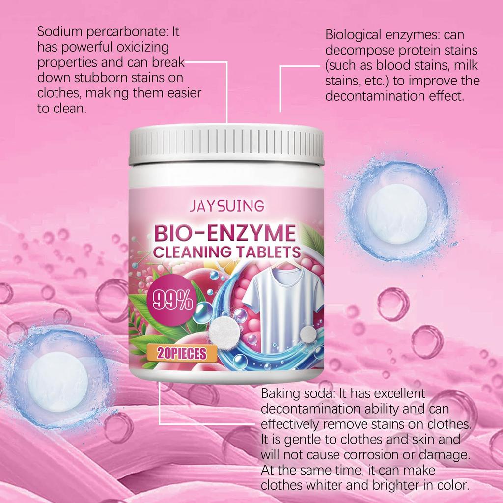Jaysuing Bio-Enzyme Exploding Salt Cleaning Tablets 20pcs Laundry Tablets Clothing Cleaning, Stain Removal, Quick-Dissolving Cleaning Tablets