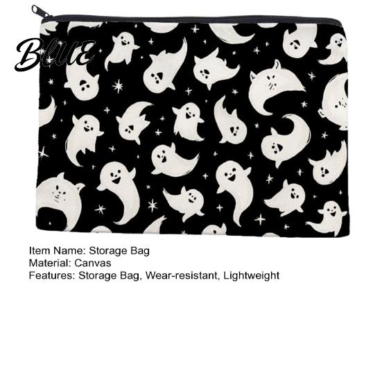 Cute Ghost Pencil Case Storage Bag Halloween Pattern Print Durable Canvas Zippered Large Capacity Bag Travel Toiletry Case for Makeup And