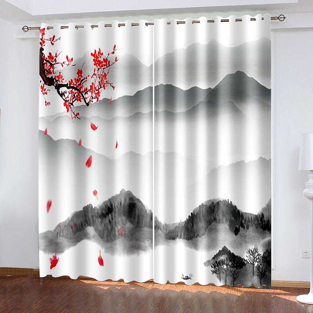 3D Chinese Style Ink Painting Series Luxury Home Sunshade Curtains 2 Pieces of Living Room Bedroom Decoration Hook Punch