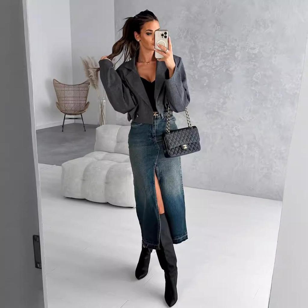 High Waist Washed Denim Slit Skirt - Slim Fit, Mid-length Retro Style for Women