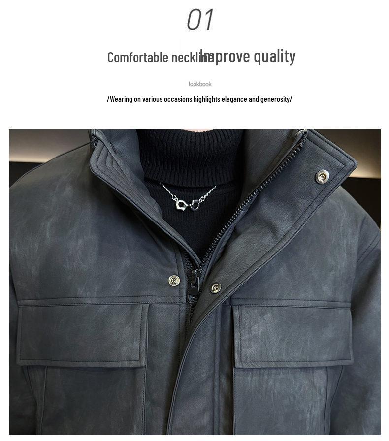 Men's 2025 Lightweight Leather Down Jacket: Stylish Short Winter Coat with Thick Stand Collar for Youth.