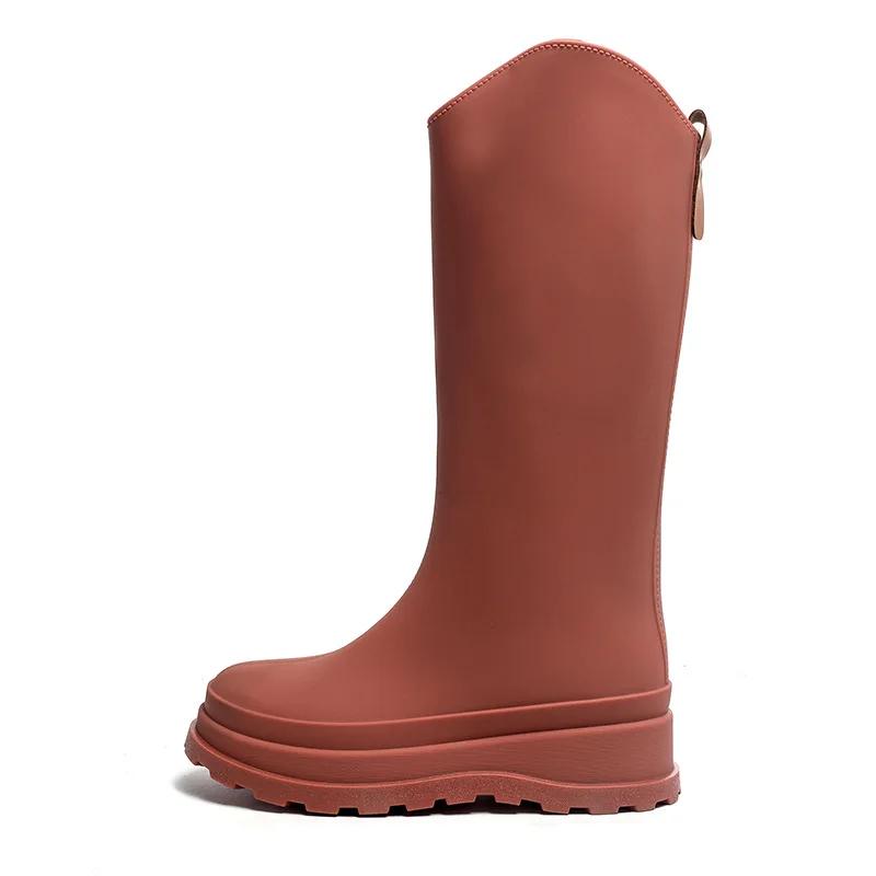 Womens PVC High Shaft Cotton Rain Boots British Style Chunky Sole Waterproof Outdoor Durable Shoes Solid Color Non-Slip Footwear