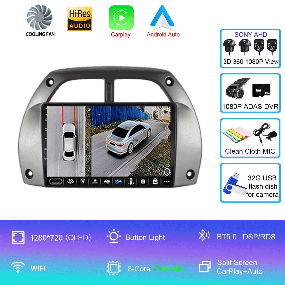 Car Radio Android 14 wireless Carplay Auto for Toyota RAV4 2001 - 2006 Navigation GPS Multimedia Player Stereo video wifi+4G BT