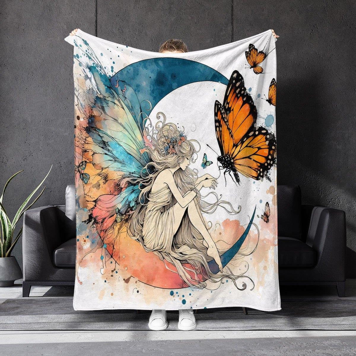 

Watercolor Fairy and Butterfly Theme Flannel printed blanket suitable for all seasons suitable for living office sofa and travel 75x100cm (30x40inch)