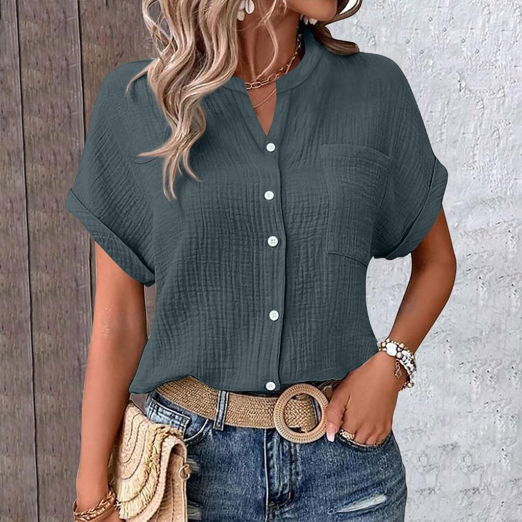 Women's Color Shirt Casual Short Sleeved Button Up Shirt For Women