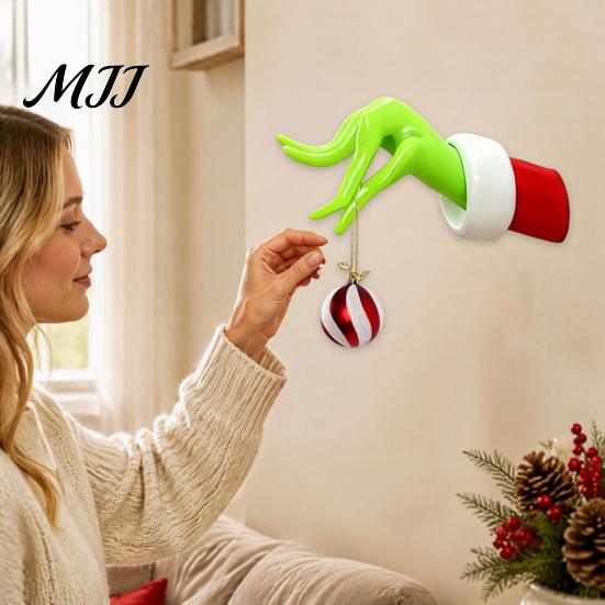 Easy Install Ornament Hook Green Elf Christmas Hanger, Holiday Hand Wall Hook, Space Saving Ornaments Display Holder for Hanging Baubles, Keepsake