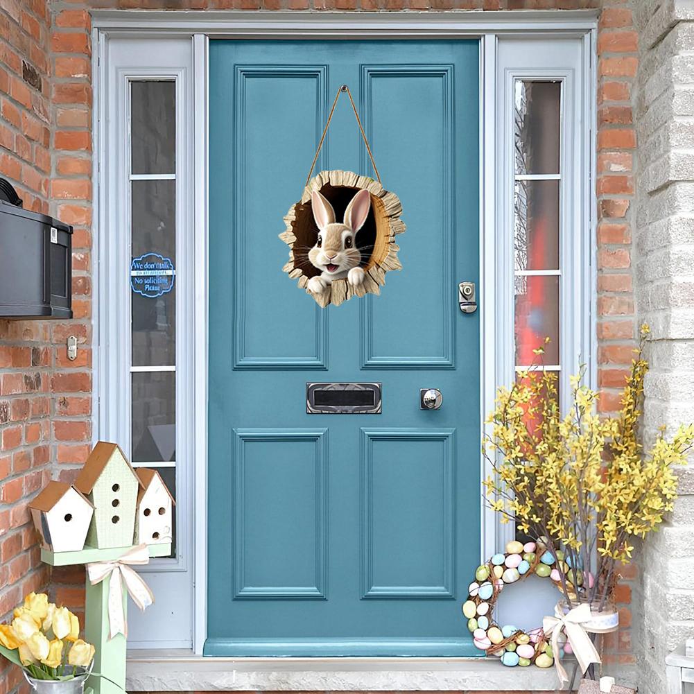 Easter Door Sign Rabbit Construction Door Sign Rustic Bunny Hanging Pendant for Holiday Front Door Wall Decor