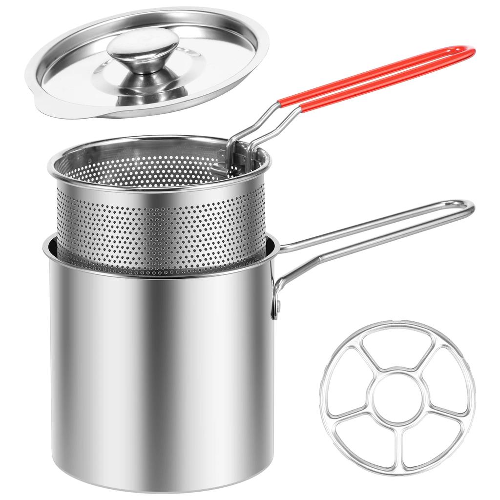 Deep Fryer Pot with Basket and Lid Stainless Steel Deep Fryer Pasta Strainer Basket Fries Fish Chicken Fried Food Cooking Pot