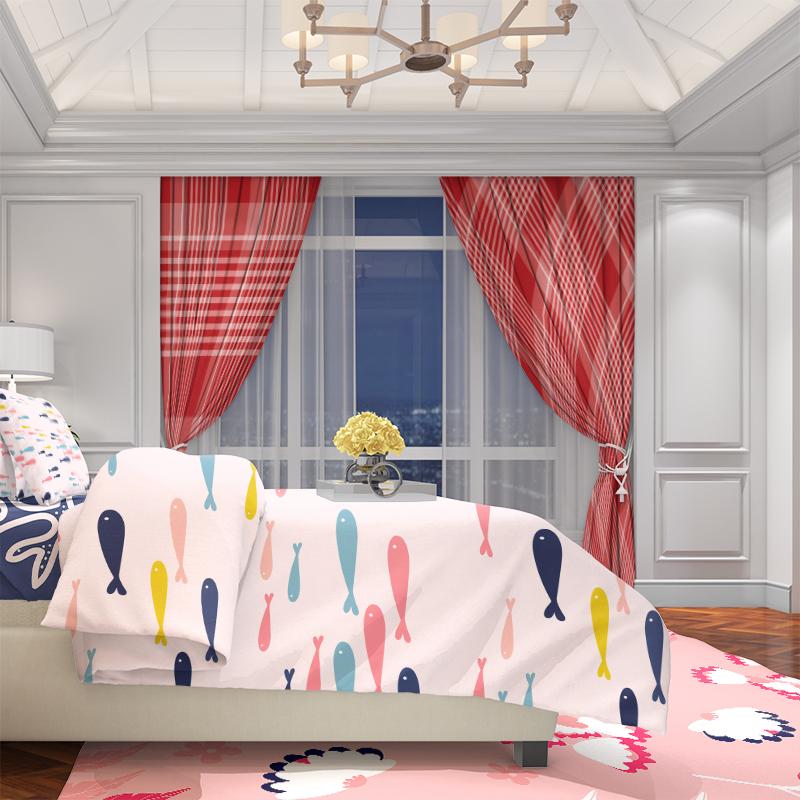 2Pcs- Red stripe - Printed curtain - Polyester material - suitable for family bedroom curtain living room decoration