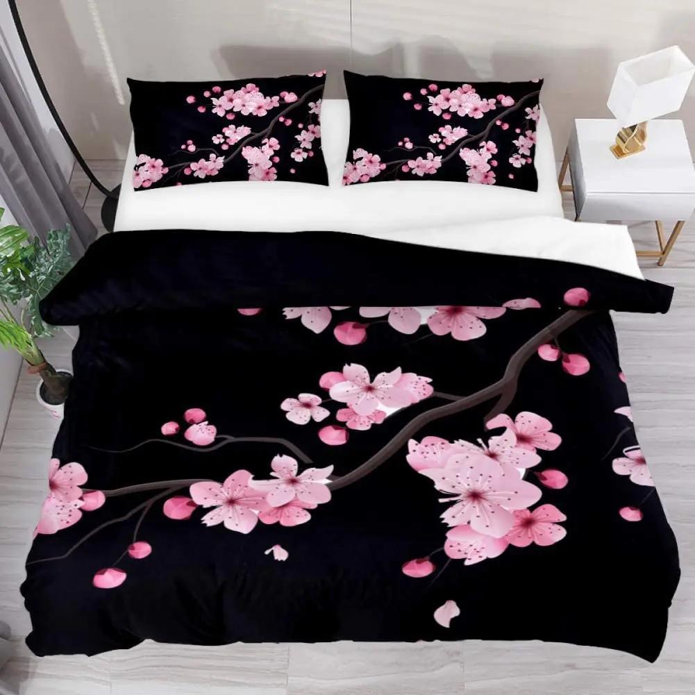 Japanese Duvet Cover Branch of  Flourishing Sakura Tree Cherry Blossoms Spring Theme Art Pink Decor Dark Brown for Women Gifts