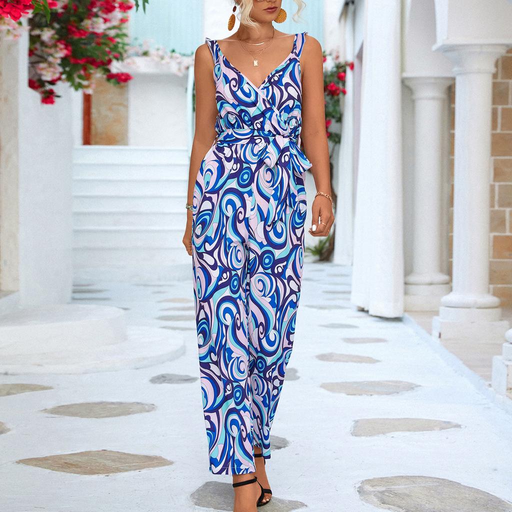 Fashion Women's Casual Printed V-neck Sleeveless Jumpsuit
