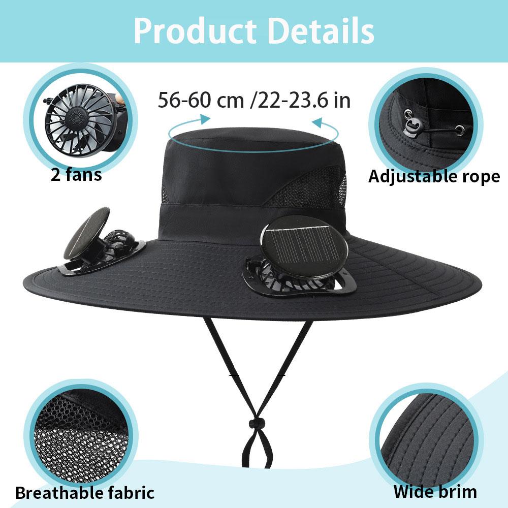 Outdoor Summer Sun Hat With 2 Solar Fan Large Wide Brim Sun Protection Hat For Outdoor Fishing Hiking Camping Travel Cooling Cap
