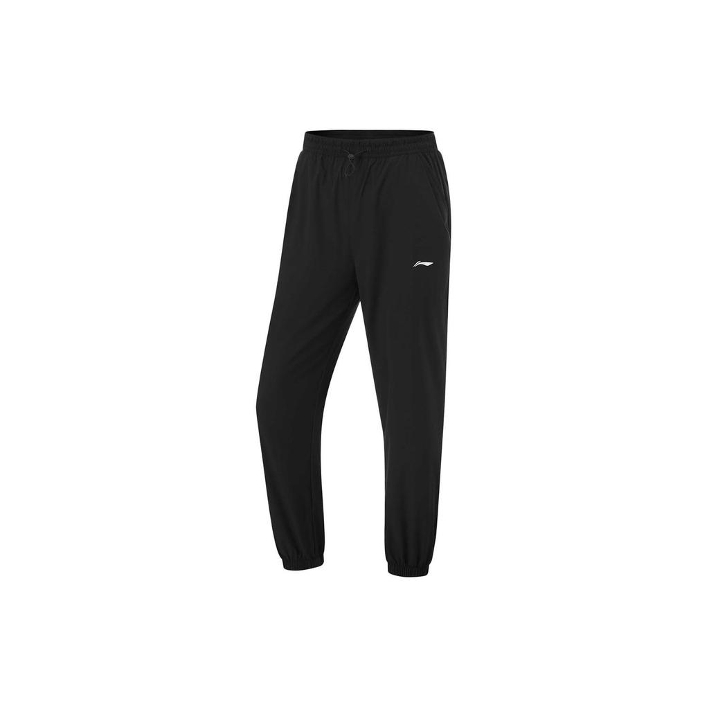 Li Ning Solid Color Mid Waist Drawstring Tapered Knit Sports Pants Women Bottoms Black AYKU396-2