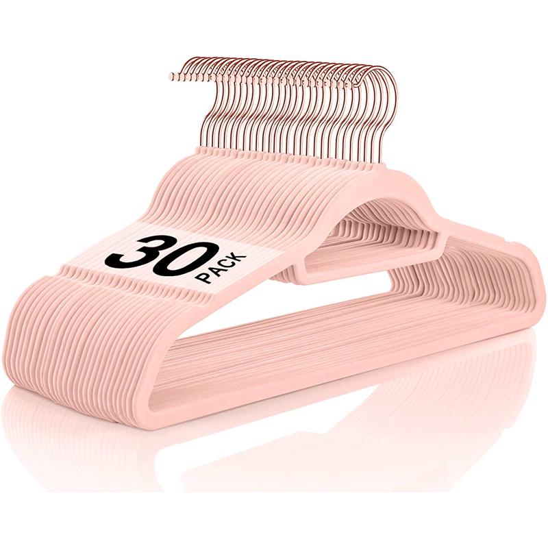 Beflockter Samt-Kleiderbügel mit Roségold-Haken (Rosa) - Rutschfester Organizer