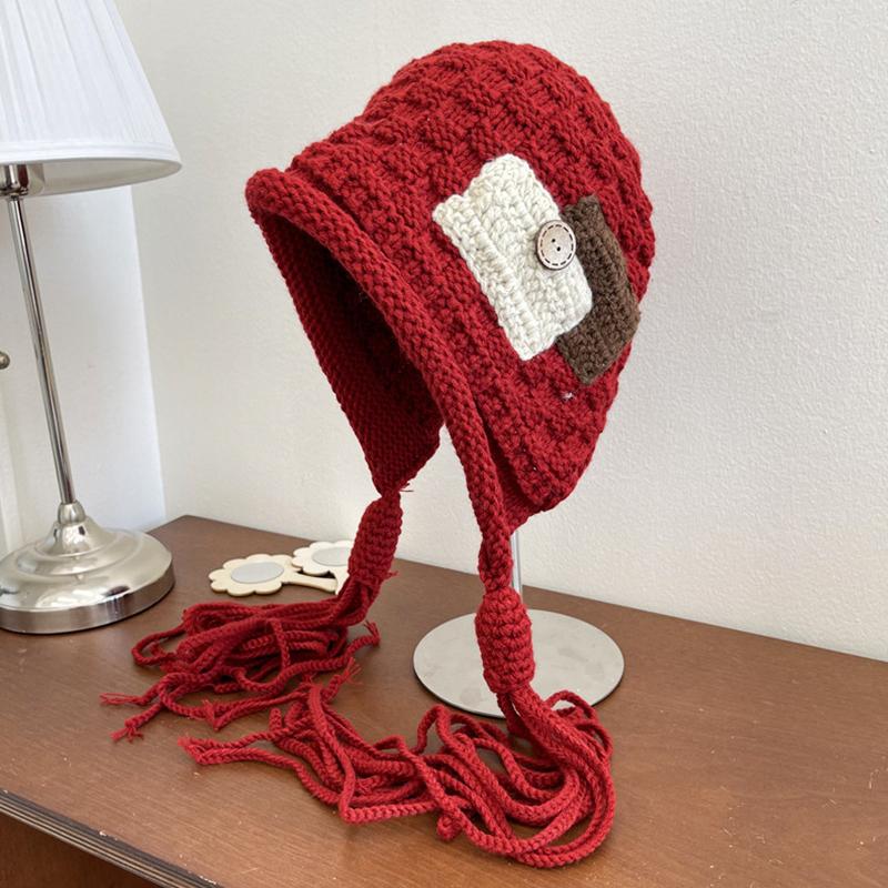 1PC Handmade Red Tassel Soft Knit Fashionable Wool Trendy Hat Handmade Braid Warm