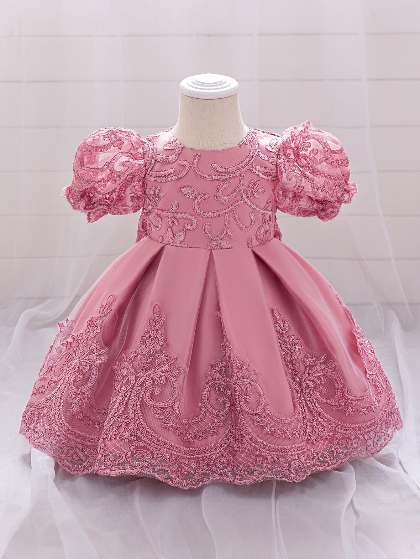 

Girls Fluffy Puff Sleeve Princess Dress with Bow - Elegant Formal Flower Girl Wedding Attire 80cm/9-12M
